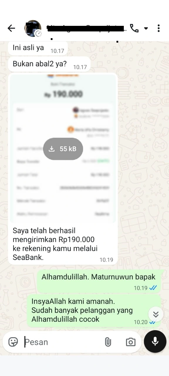 Bukti pelanggan baru bertanya bukan abal-abal lalu transfer order tahu bulat dan sotong