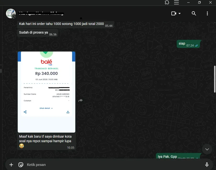 Bukti transfer pembelian tahu bulat dan sotong